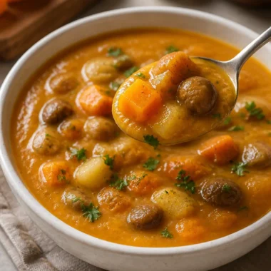 Bowl of Zuppa di Zucca e Castagne with pumpkin and chestnuts