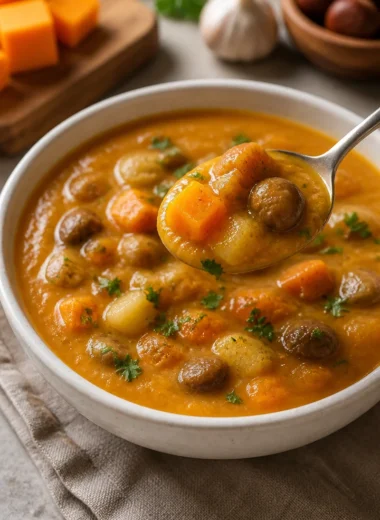 Bowl of Zuppa di Zucca e Castagne with pumpkin and chestnuts