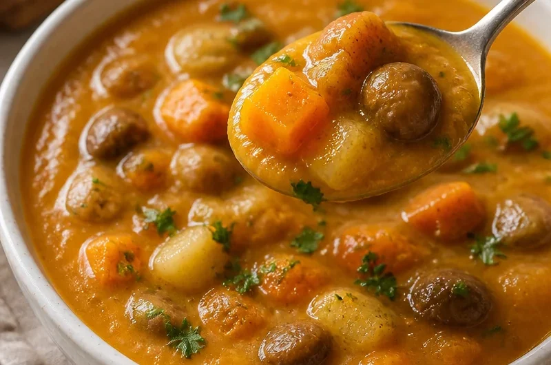 Bowl of Zuppa di Zucca e Castagne with pumpkin and chestnuts