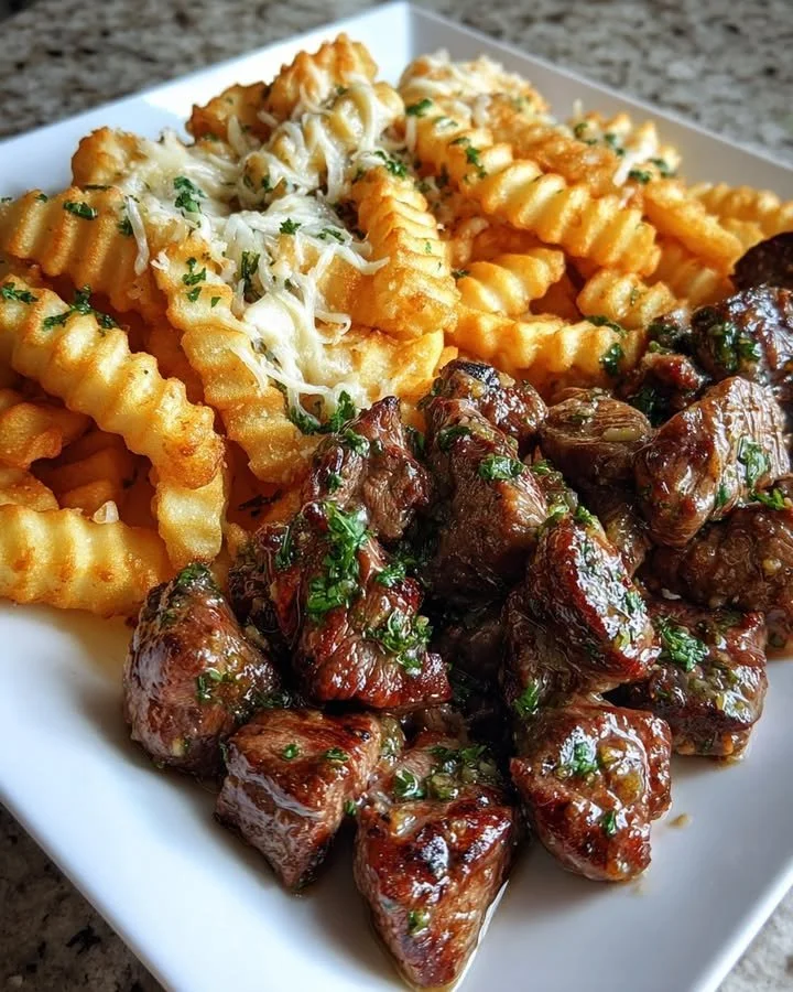 Garlic Butter Steak Bites with Cheesy Loaded Crinkle Fries